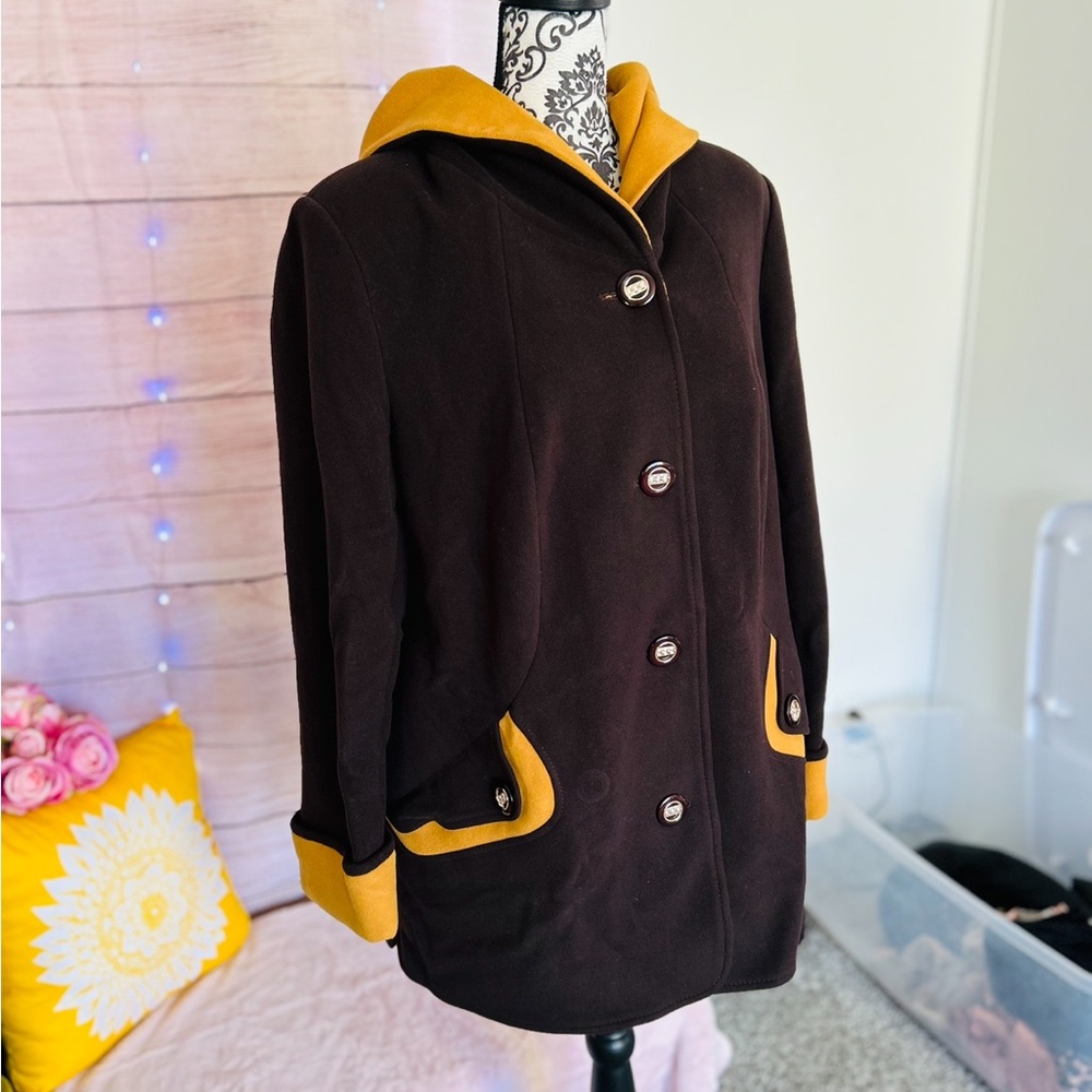 Lady Prestige Women’s Brown Yellow Button Up Hooded Pea Coat Size 54 EU/ US L